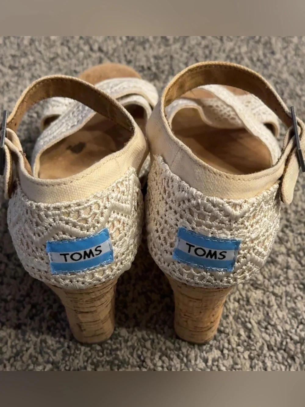 TOMS Sienna Cream Lace Ankle-Strap Wedge Sandals, Size 7